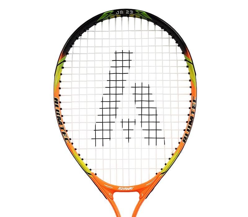 A close-up view of the Ashaway Alumtec 2300 Junior Tennis Racket in orange, showcasing its lightweight aluminium design with yellow accents. The strings form a pattern reminiscent of the company's logo, while the brand name "Ashaway" is elegantly displayed on the throat.