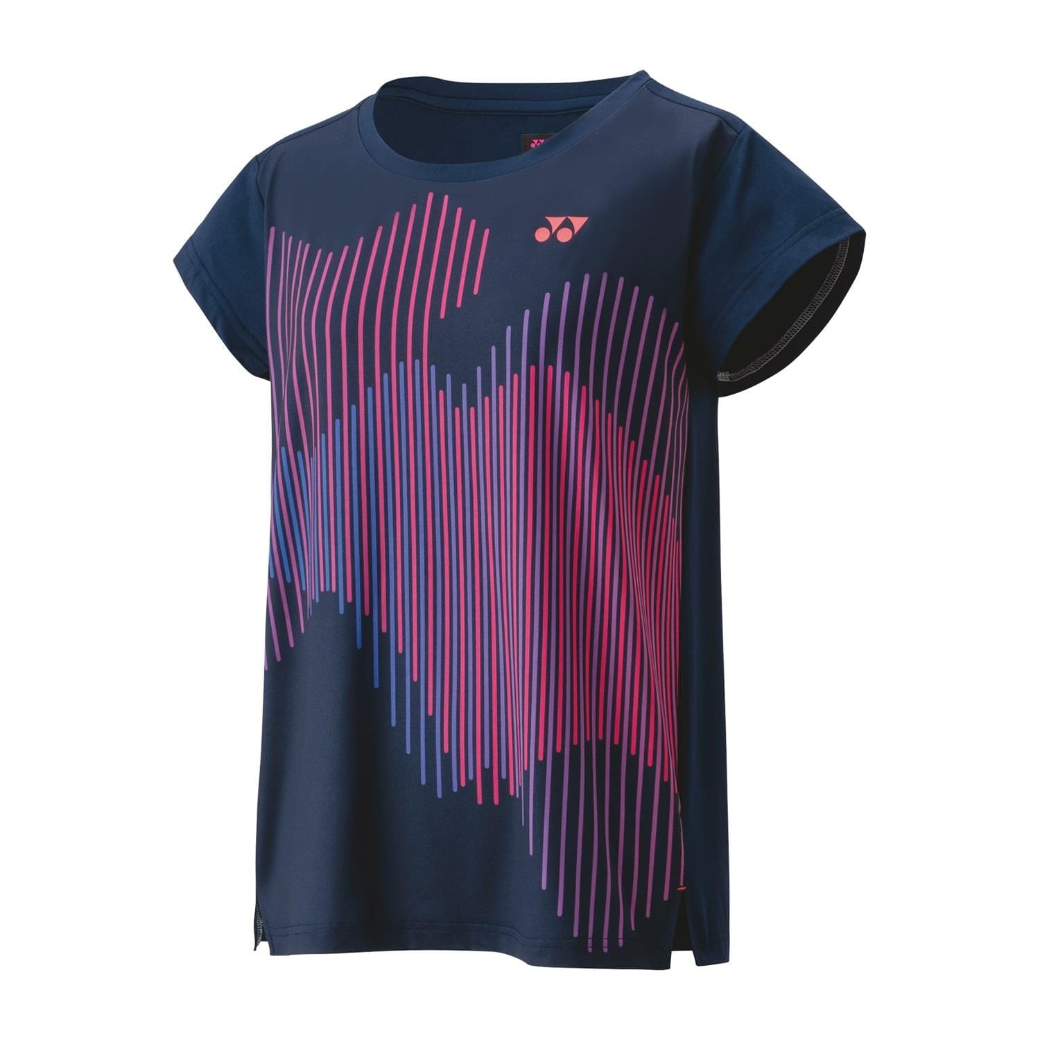 The Yonex 20764 Crew Neck Women's Tennis T-Shirt in Indigo Marine highlights a wavy design with pink and purple vertical lines on the front. With its short sleeves, a Yonex logo near the neckline, and VeryCool technology for UV reduction, this shirt is ideal for keeping cool and protected on the court.