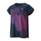 The Yonex 20764 Crew Neck Women's Tennis T-Shirt in Indigo Marine highlights a wavy design with pink and purple vertical lines on the front. With its short sleeves, a Yonex logo near the neckline, and VeryCool technology for UV reduction, this shirt is ideal for keeping cool and protected on the court.