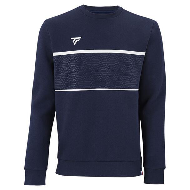 The Tecnifibre Men's Team Tennis Sweater in marine features a sleek, high-performance appearance with a white geometric pattern across the chest and a discreet logo in the upper left corner, made from soft cotton fleece for exceptional comfort.