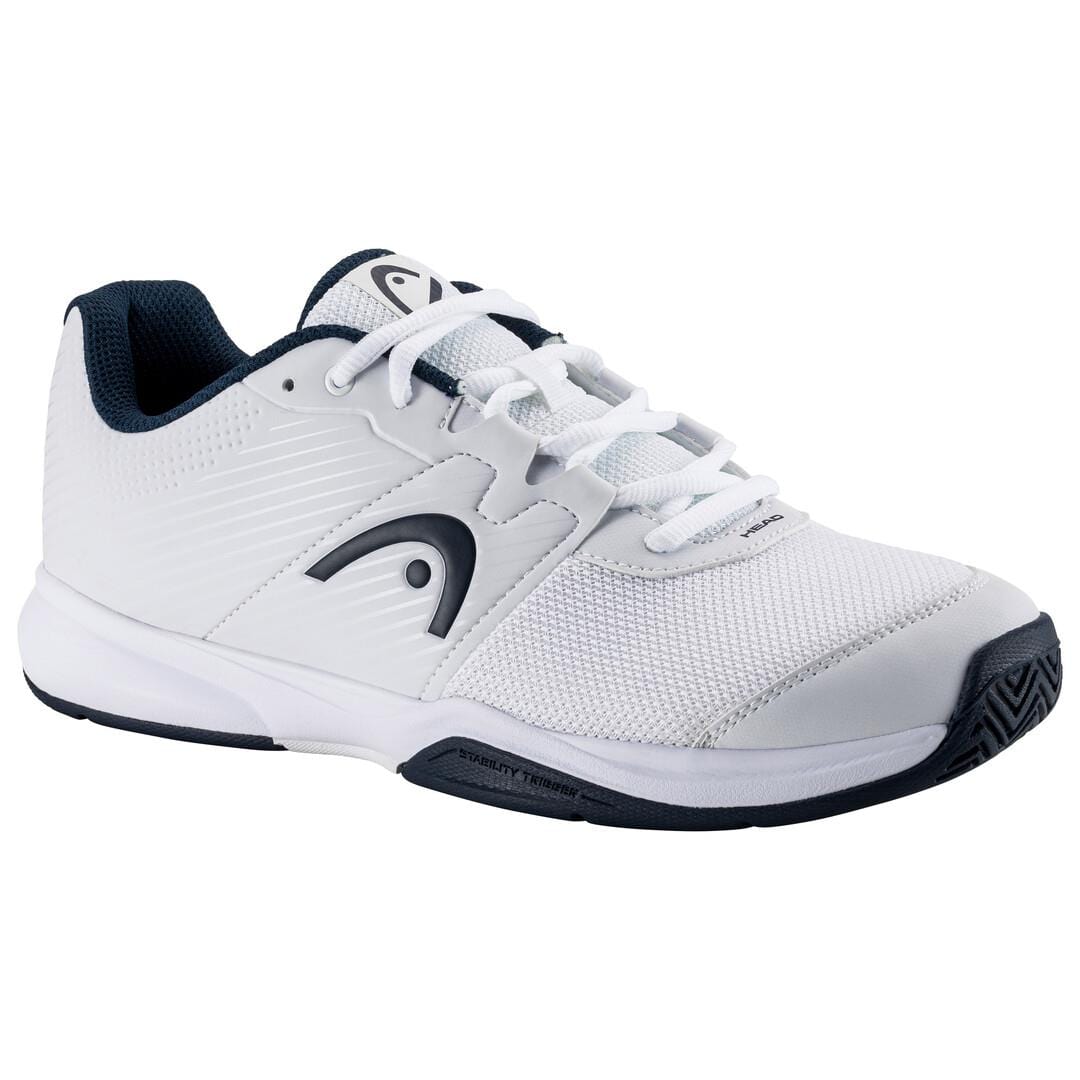 Introducing the HEAD Revolt Court Men's Tennis Shoes in White and Blueberry. These shoes provide lightweight comfort with a sleek design and durable appearance. Featuring a distinctive logo and white lacing system, they are perfect for both sports and casual wear, complete with a textured black sole.