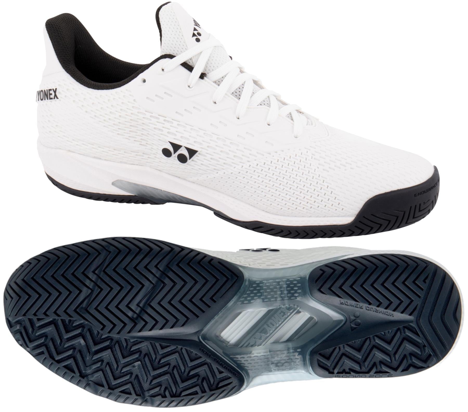 The Yonex Power Cushion Ad-Accel Men's Tennis Shoes in white and black are a stylish choice from the Yonex brand. They feature an upper design with a logo and textured elements, complemented by a herringbone-patterned sole enhanced with Accel-Booster technology for remarkable speed and traction on the court.