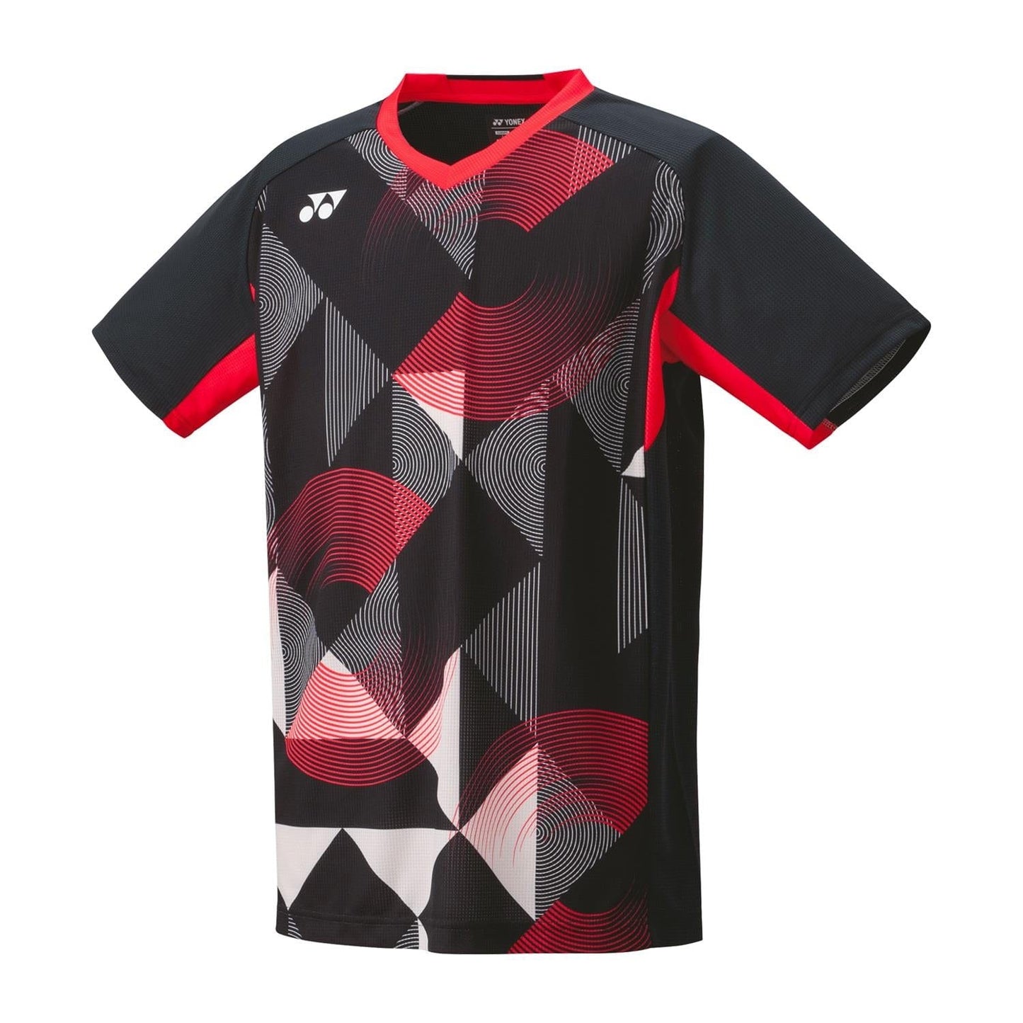 Introducing the Yonex 10576 Crew Neck Men's Tennis T-Shirt in Black, a stylish short-sleeved sports jersey featuring a sharp geometric pattern in red, black, and white. Enhanced with Air Release technology and designed with a mesh-like black background complemented by red accents on the sleeves and collar, this t-shirt ensures both comfort and style on the court.