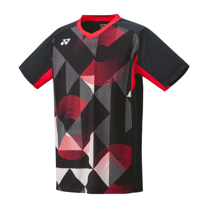 Introducing the Yonex 10576 Crew Neck Men's Tennis T-Shirt in Black, a stylish short-sleeved sports jersey featuring a sharp geometric pattern in red, black, and white. Enhanced with Air Release technology and designed with a mesh-like black background complemented by red accents on the sleeves and collar, this t-shirt ensures both comfort and style on the court.