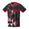 Introducing the Yonex 10576 Crew Neck Men's Tennis T-Shirt in Black, a stylish short-sleeved sports jersey featuring a sharp geometric pattern in red, black, and white. Enhanced with Air Release technology and designed with a mesh-like black background complemented by red accents on the sleeves and collar, this t-shirt ensures both comfort and style on the court.