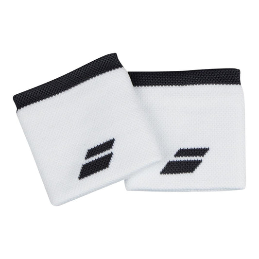 These Babolat Logo Wristbands, in a white and rabbit color scheme, are made from soft terry material and feature black edges along with a stylish logo of two diagonal lines, echoing the design seen on Babolat racquets.