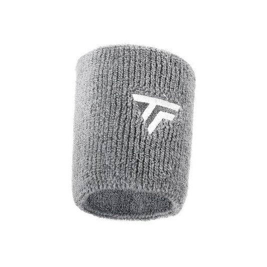 The Tecnifibre Tennis Wristband Sweatband XL - Silver is a gray wristband with a textured fabric design, featuring a white embroidered logo of two intersecting lines forming a stylized letter "T." It is super absorbent, making it perfect for intense matches.