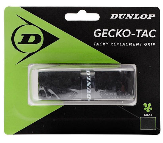 The packaging of the Dunlop Gecko-Tac Replacement Tennis Grip - Black highlights a black grip encased in a transparent plastic cover. It sports a green and black design featuring the Dunlop logo and promotes "tacky surface technology" for improved control and precision.