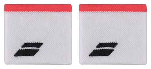 The Babolat Logo Wristbands in White/Strike Red feature two comfortable bands with a red top edge and the iconic Babolat logo of two diagonal lines. Made with a soft, stretchy texture, they provide an absorbent fit ideal for any activity. The wristbands are displayed side by side against a white background.