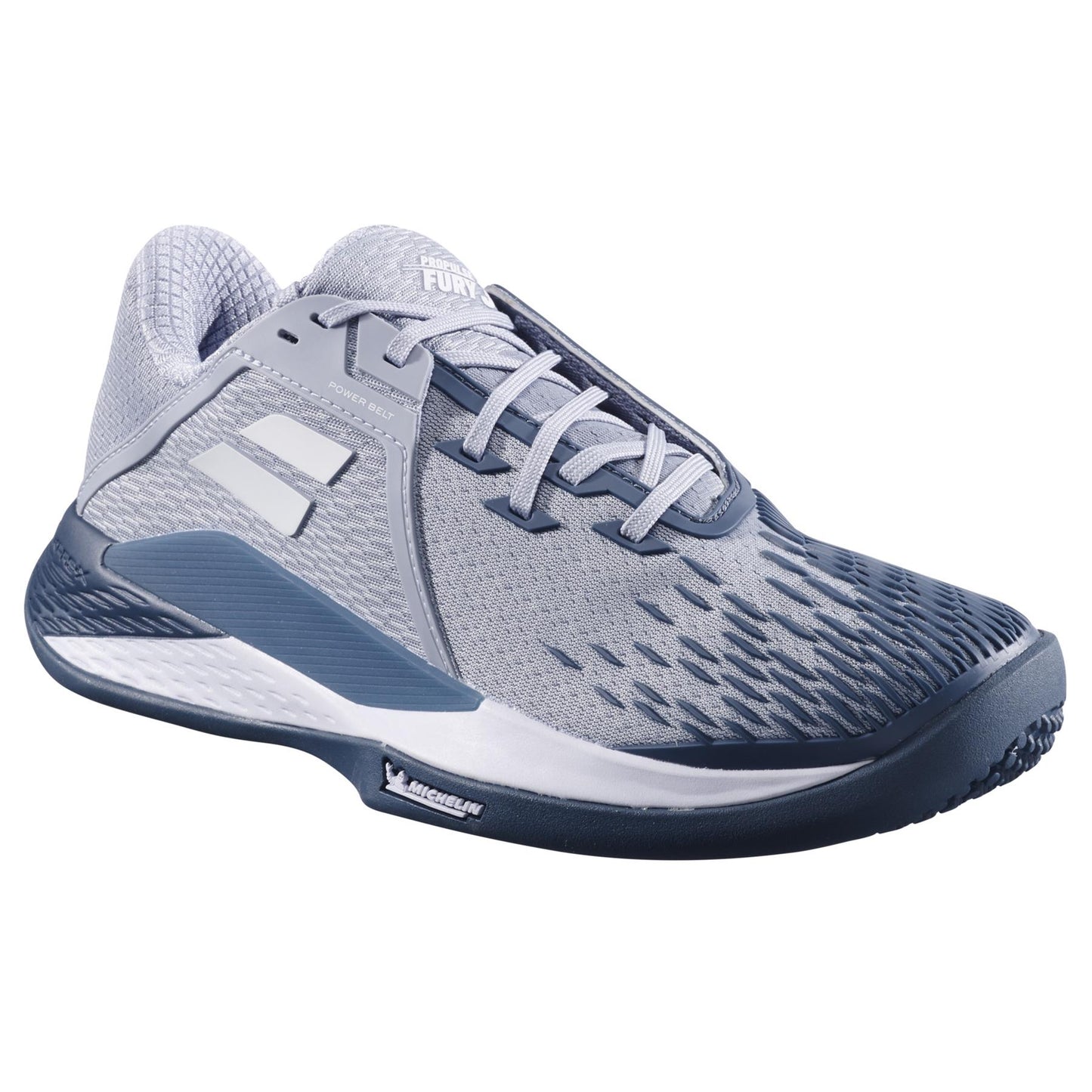 The Babolat Propulse Fury 3 Sand & Grass Court 2025 Men's Tennis Shoes in grey and white boast a textured mesh design, reinforced toe, and sleek appearance. They offer support and comfort with dynamic patterns and branding on the side and heel, reflecting Babolat's signature style.