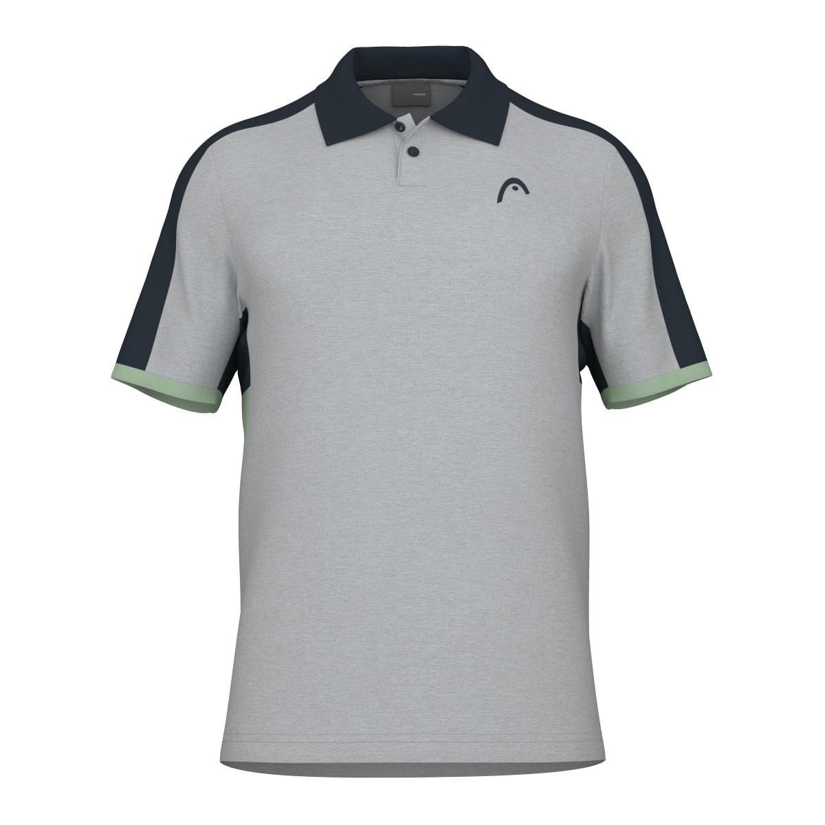 Introducing the HEAD Performance Play Tech Men's Polo Shirt in gray, designed for optimal breathability with its moisture transfer microfiber. This short-sleeve polo features striking dark blue shoulder panels and light green trim on the cuffs. An abstract logo elegantly embroidered on the left chest adds a stylish touch, complemented by a buttoned collar.