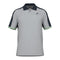 Introducing the HEAD Performance Play Tech Men's Polo Shirt in gray, designed for optimal breathability with its moisture transfer microfiber. This short-sleeve polo features striking dark blue shoulder panels and light green trim on the cuffs. An abstract logo elegantly embroidered on the left chest adds a stylish touch, complemented by a buttoned collar.