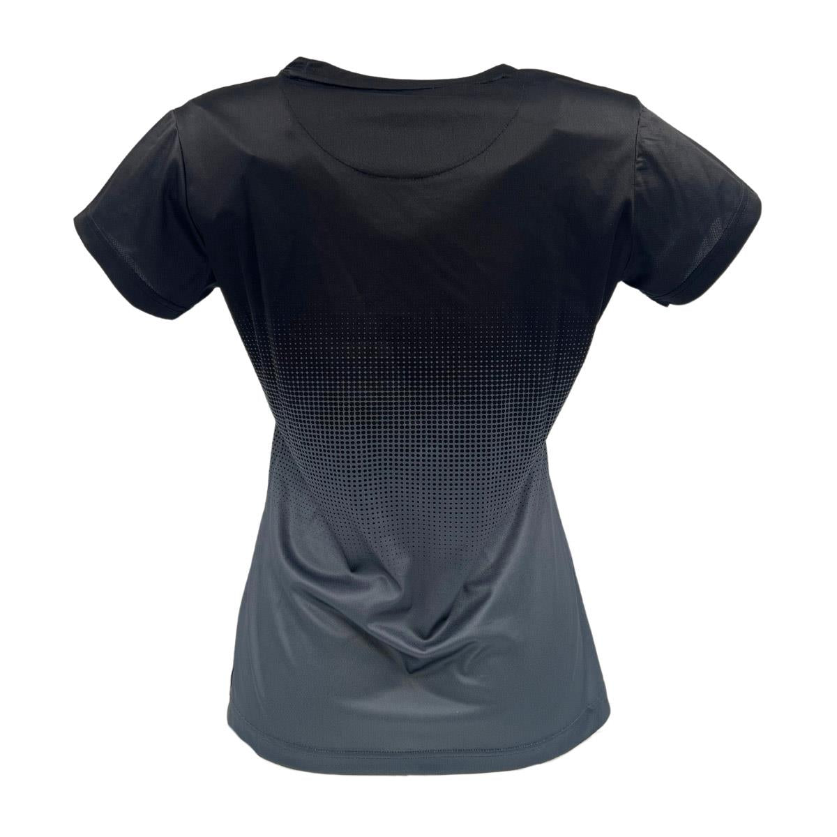 Back view of the Yonex YTL5 Women's Tennis T-Shirt in Shadow/Black, displaying a gradient from black to gray with dot patterns. Crafted with moisture-wicking polyester and advanced fabric technology, it features a round neckline on a white background.