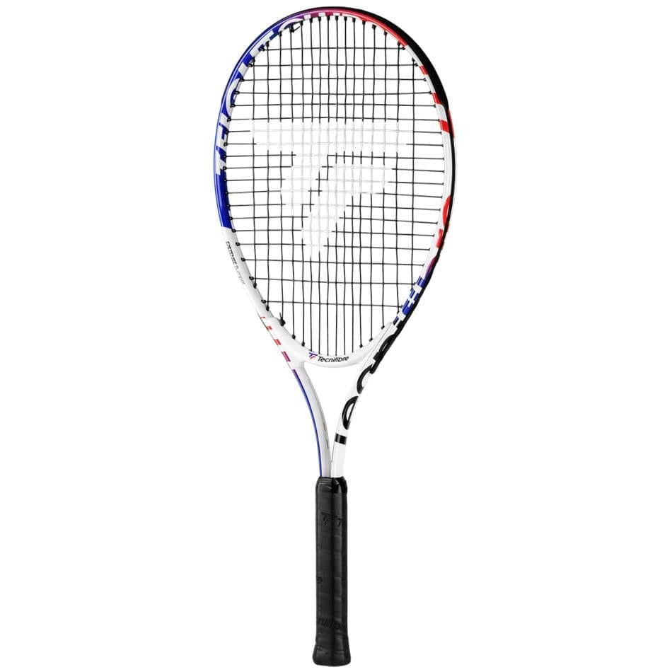 Introducing the Tecnifibre T-Fight Club 25 Junior Tennis Racket, featuring a lightweight white frame and black strings. The red and blue accents add flair, while the black grip ensures comfort—perfect for your tennis journey.