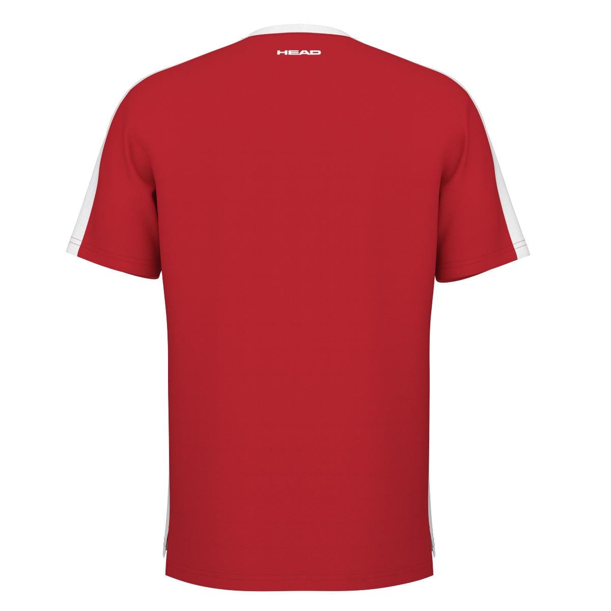 The HEAD Vision Slice Men's Tennis T-Shirt in red features short sleeves and white stripes along the sides. Made with HEAD Sportswear MXM technology, it is designed for superior moisture management. The "HEAD" logo is printed near the upper back, adding a mark of authenticity.