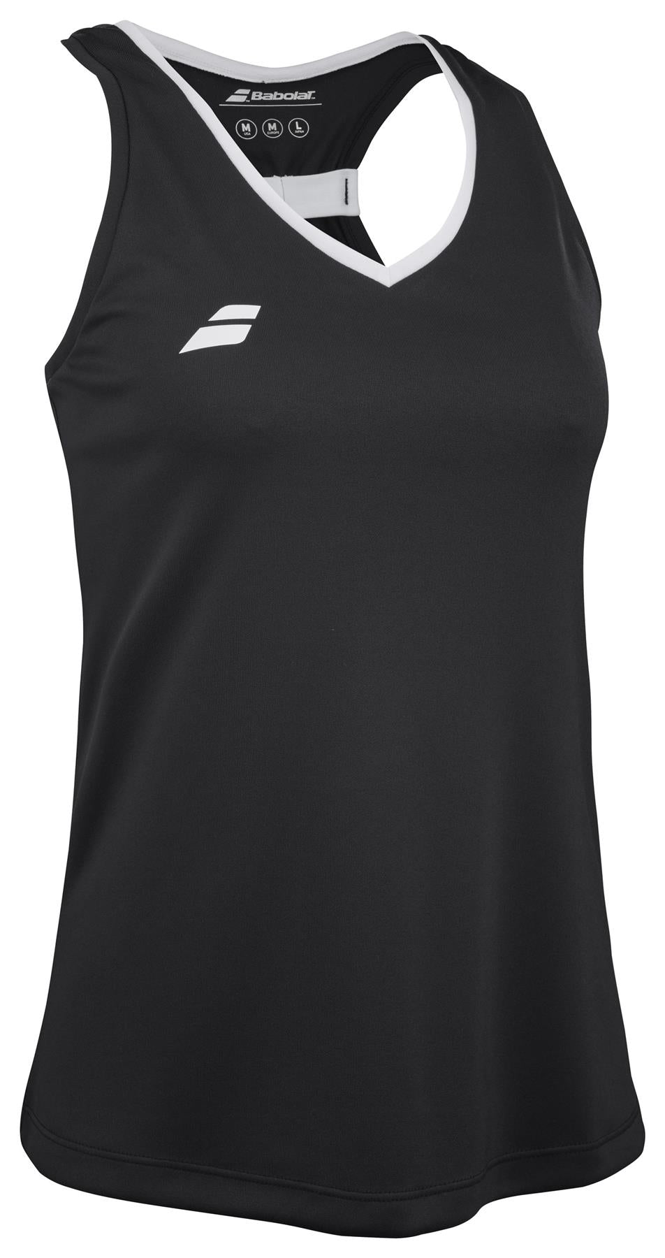 The Babolat Play Women's Tennis Tank Top in black has a white neckline, a racerback style for movement, Fiber Dry material for comfort, and a small left shoulder logo. Ideal for tennis.