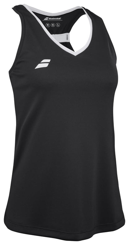 The Babolat Play Women's Tennis Tank Top in black has a white neckline, a racerback style for movement, Fiber Dry material for comfort, and a small left shoulder logo. Ideal for tennis.