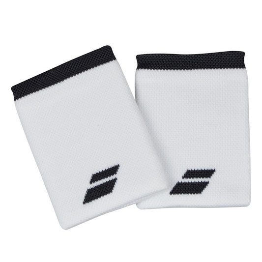 A pair of Babolat Logo Jumbo Wristbands in white with black edges and the signature Babolat logo positioned near the bottom.