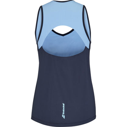 The Babolat Drive Women's Tennis Tank Top features a sleeveless design with a back view showcasing a light blue upper with a keyhole and navy lower section made from Fiber Dry material. "Babolat" is printed in white at the bottom, embodying the classic Babolat Drive style.