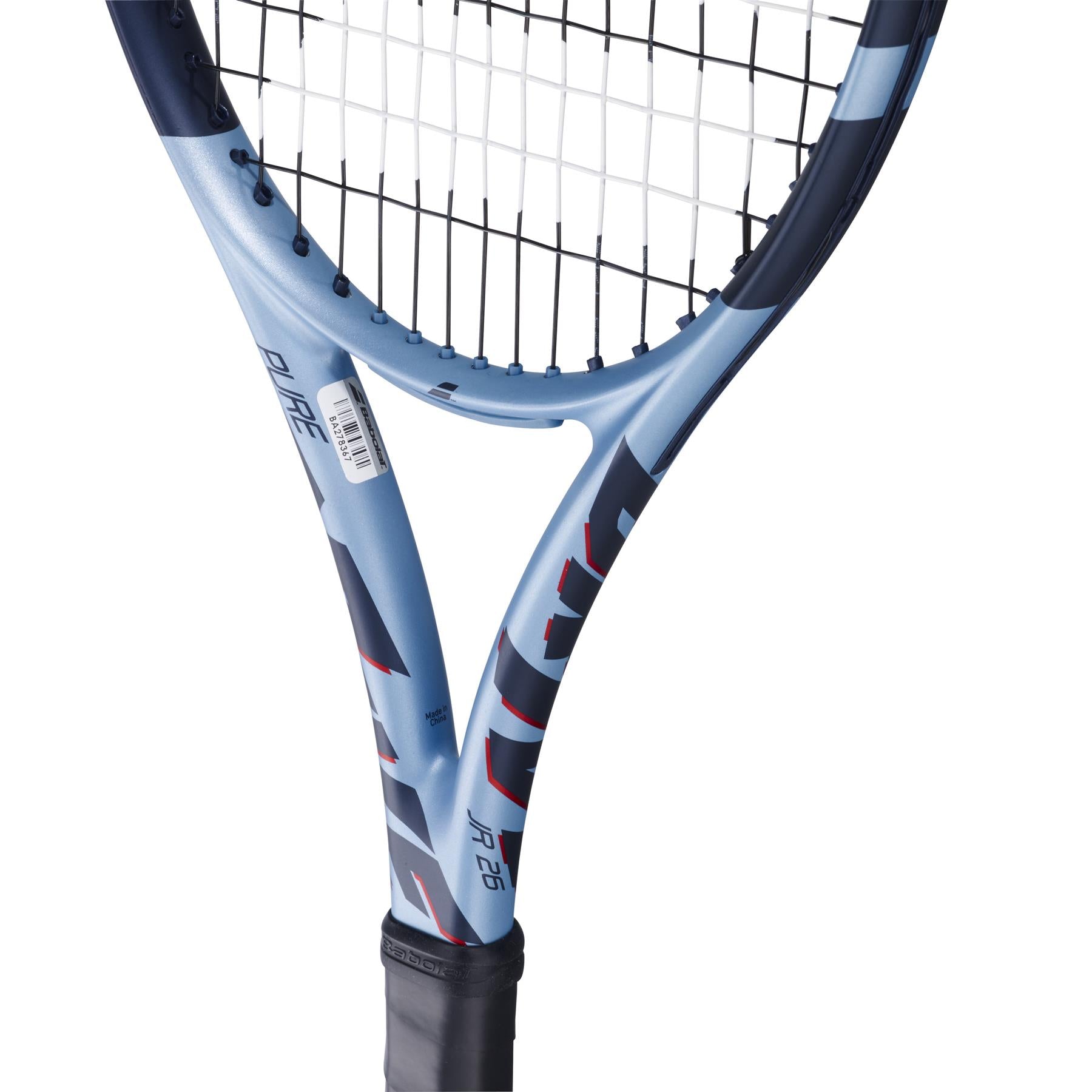 Close-up of the Babolat Pure Drive Junior 26 Gen 11 Tennis Racket in dark blue with white strings, designed for young competitors. It has red and white accents and includes a barcode sticker on the side.