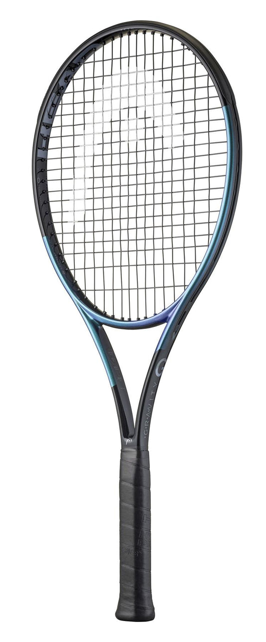 The HEAD Gravity Team 2025 Tennis Racket - Black, from HEAD, features Auxetic 2.0 technology for an enhanced sweetspot and sports a sleek black design with tightly strung strings and a comfortable grip handle, displayed on a plain white background.