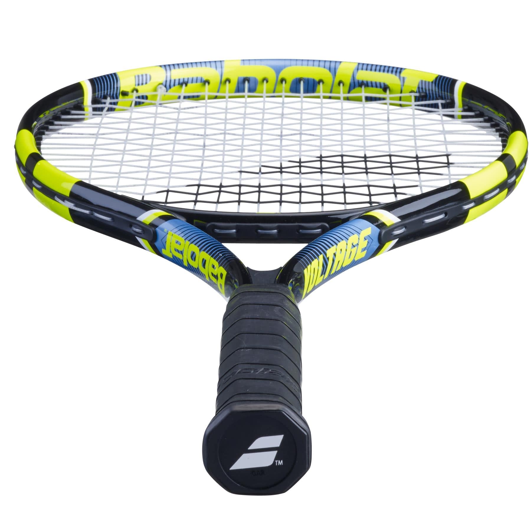 The Babolat Voltage Tennis Racket - Black / Yellow features a striking yellow and black design with a wide head and tightly strung strings for enhanced precision. Made from aluminium, it is ideal for beginners. The handle comes with a black grip and a branded logo at the base, providing both style and comfort.