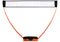 The Sure Shot Quick Fit 3 in 1 Garden Net Set includes an orange and black base with a quick-fit design. Two upward-curving orange poles form a triangular structure, supporting black netting with a visible grid and adjustable height for versatile play.