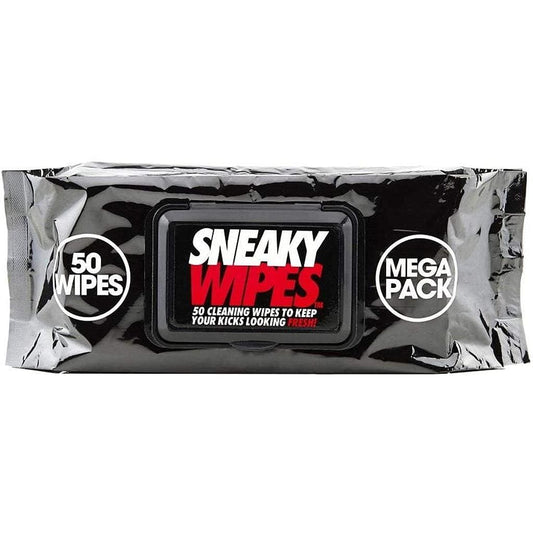 A package of Sneaky Fresh Shoe Cleaning Wipes, identified as a Mega Pack with 50 wipes to keep your trainers looking pristine. The packaging features a sleek black design with bold white and red text from the Sneaky brand.