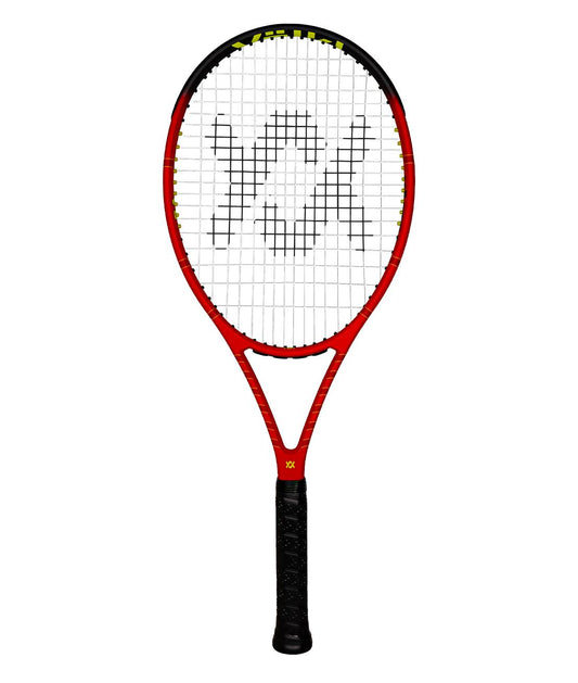 The Volkl Vostra V8 315g Tennis Racket in red and black features a distinctive white string pattern with a stylized "X" design at the center. The handle is wrapped in black grip tape to enhance your performance by providing a catapult effect on every swing.