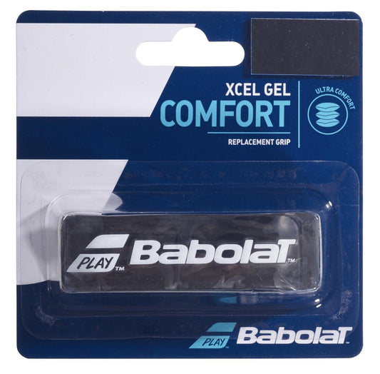 The packaging highlights the Babolat XCEL Gel X1 Replacement Tennis Grip - Black, wrapped in a clear plastic cover featuring prominent branding and key product information attractively arranged on the cardboard backing.