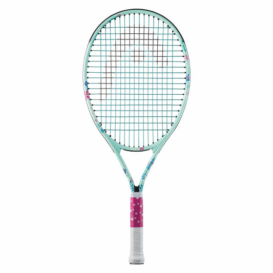 The HEAD Coco 25 Junior Tennis Racket - Mint by HEAD showcases a teal frame adorned with floral designs, complemented by a pink handle grip. It comes equipped with a damp+ insert and strings in a grid pattern, perfectly capturing the vibrant and playful essence reminiscent of Coco Gauff's energetic style.