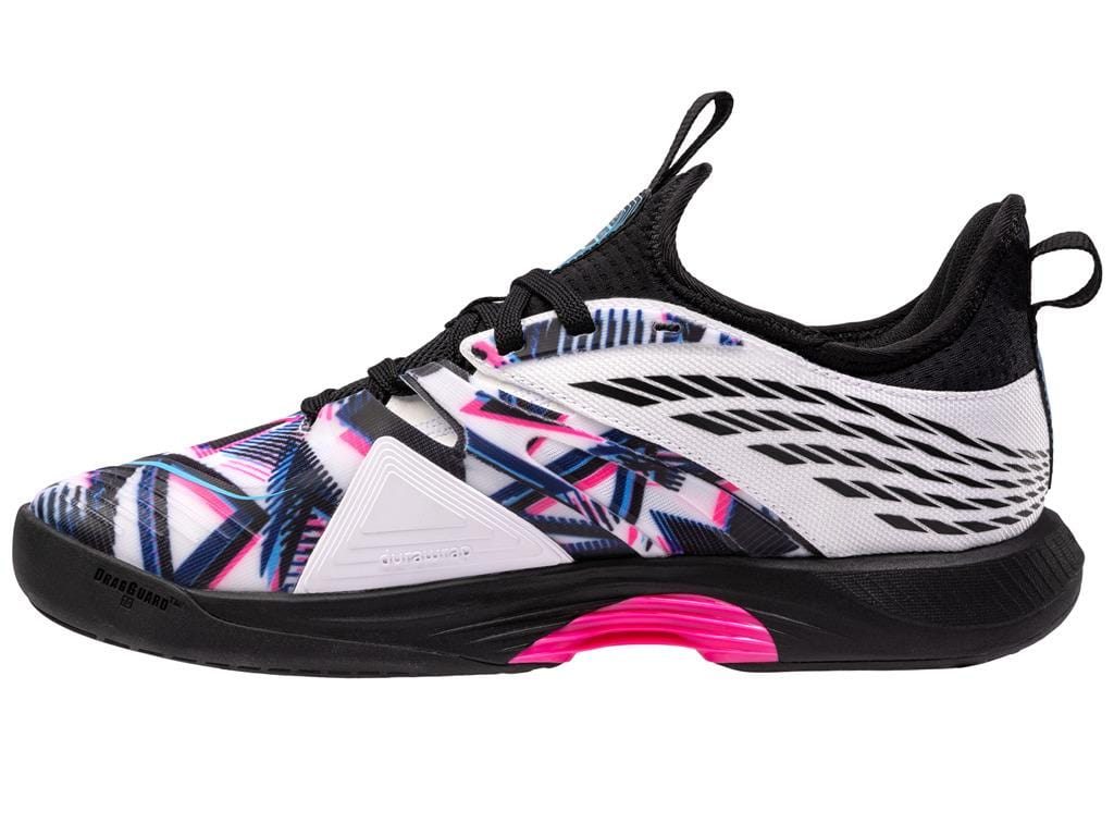 The K-Swiss Speedtrac Indoor Court Shoes in White, Black, and Neon Pink offer a stylish design featuring a dynamic pattern. They include a sleek black sole, perforated details, and vibrant neon pink accents. These athletic shoes are crafted to enhance both performance and fashion with their lightweight midfoot support.