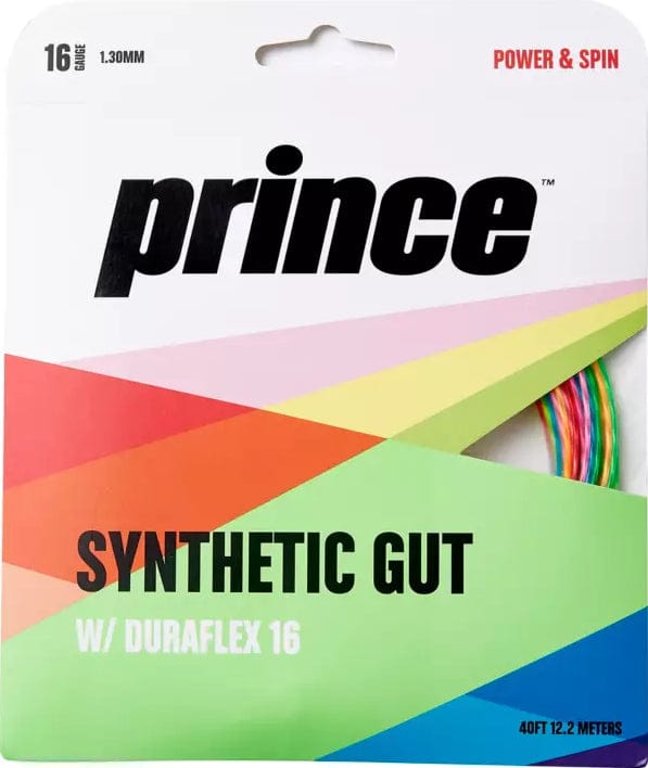 A photo of the Prince Synthetic Gut Duraflex 16 1.30mm String Set - Rainbow packaging, featuring bold "POWER & SPIN" text in the top right corner and "SYNTHETIC GUT W/ DURAFLEX 16" at the bottom, accentuated by striking rainbow stripes that emphasize its high-performance tennis string qualities.