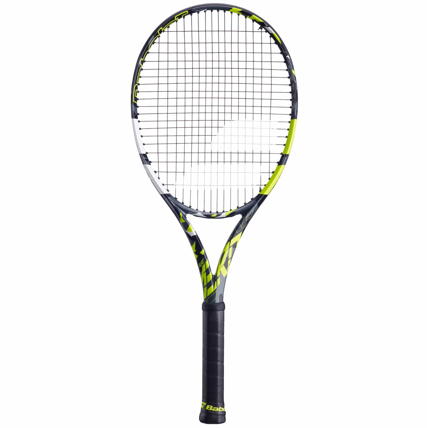 The Babolat Pure Aero 2023 Tennis Racket features a grey and yellow frame with tightly strung strings and a black grip handle, upholding its reputation as a spin machine. The brand's name, Babolat, is prominently displayed on the handle.