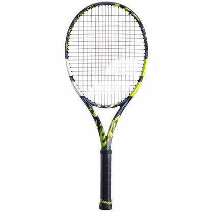 The Babolat Pure Aero 2023 Tennis Racket features a grey and yellow frame with tightly strung strings and a black grip handle, upholding its reputation as a spin machine. The brand's name, Babolat, is prominently displayed on the handle.