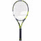 The Babolat Pure Aero 2023 Tennis Racket features a grey and yellow frame with tightly strung strings and a black grip handle, upholding its reputation as a spin machine. The brand's name, Babolat, is prominently displayed on the handle.