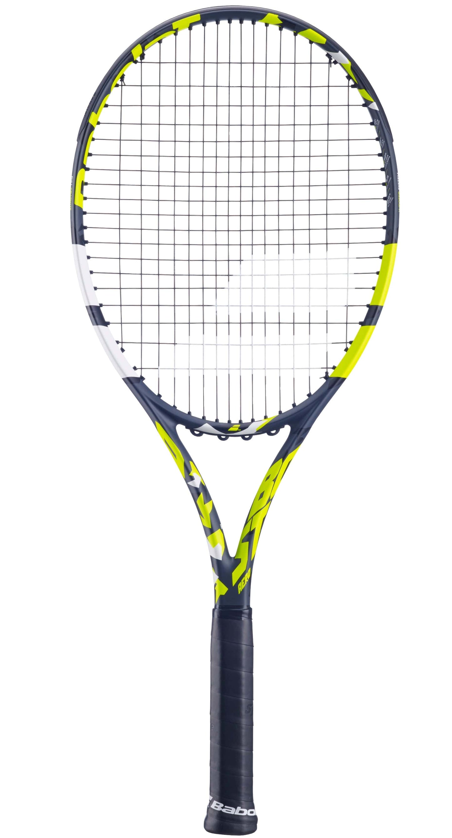 The Babolat Boost Aero Tennis Racket is a lightweight racket featuring a grey and yellow frame with a white string pattern. Made from graphite, it includes a black grip, and the Babolat brand name is prominently displayed on the handle and neck.