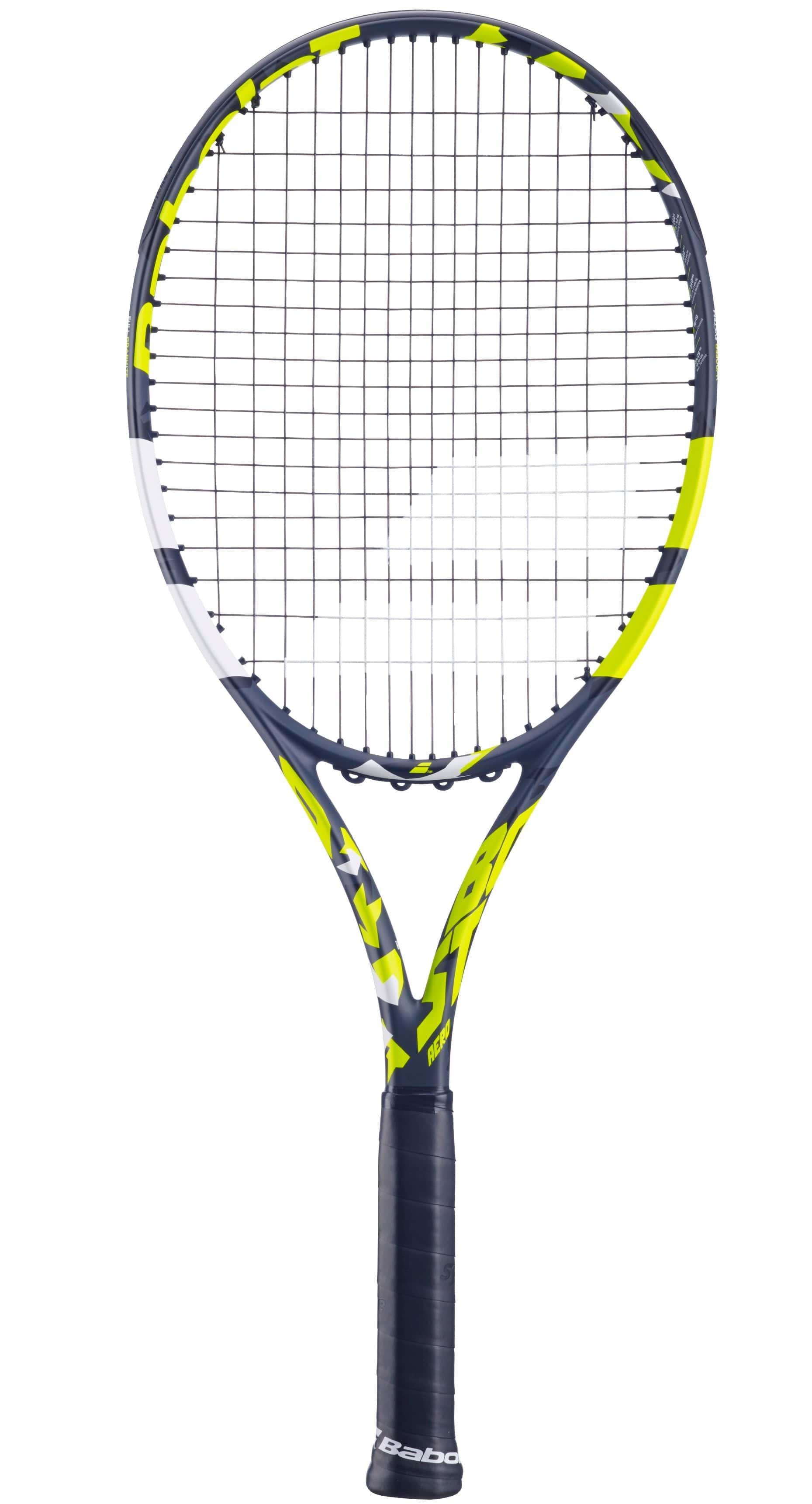 The Babolat Boost Aero Tennis Racket is a lightweight racket featuring a grey and yellow frame with a white string pattern. Made from graphite, it includes a black grip, and the Babolat brand name is prominently displayed on the handle and neck.