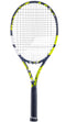 The Babolat Boost Aero Tennis Racket is a lightweight racket featuring a grey and yellow frame with a white string pattern. Made from graphite, it includes a black grip, and the Babolat brand name is prominently displayed on the handle and neck.