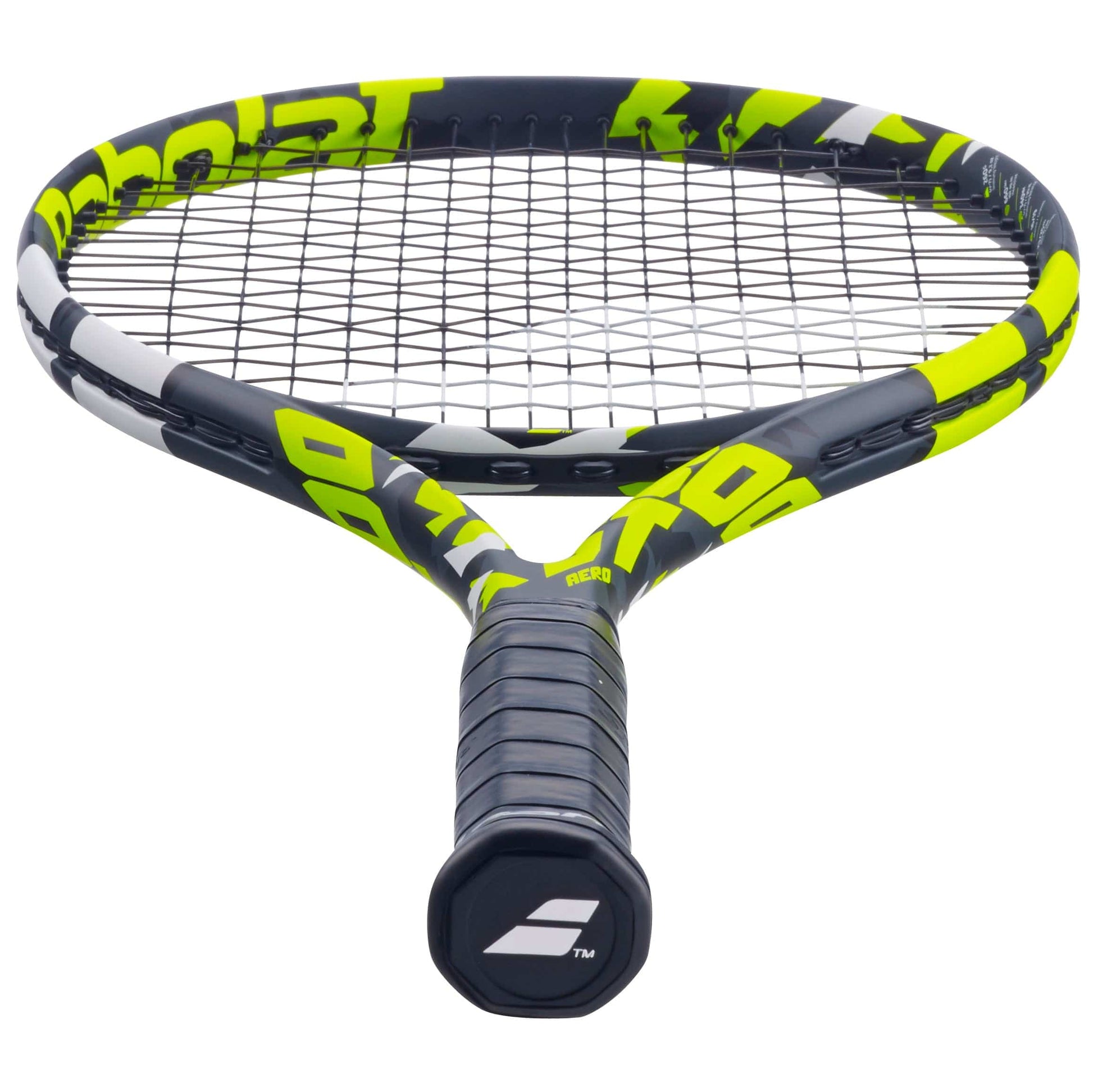 Close-up of the Babolat Boost Aero Tennis Racket featuring a grey and yellow frame with black strings. The handle is wrapped in sleek black, displaying the Babolat logo prominently at its base. Made from lightweight graphite composition, this racket seamlessly blends style and performance.