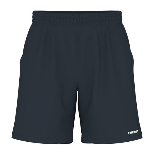 The HEAD Vision Power Men's Tennis Shorts in navy are designed for a sporty look and feature an elastic waistband with the "HEAD" logo in white on the bottom right. These shorts offer 4-way stretch and are crafted from lightweight Moisture Transfer Microfibre, ensuring maximum comfort.