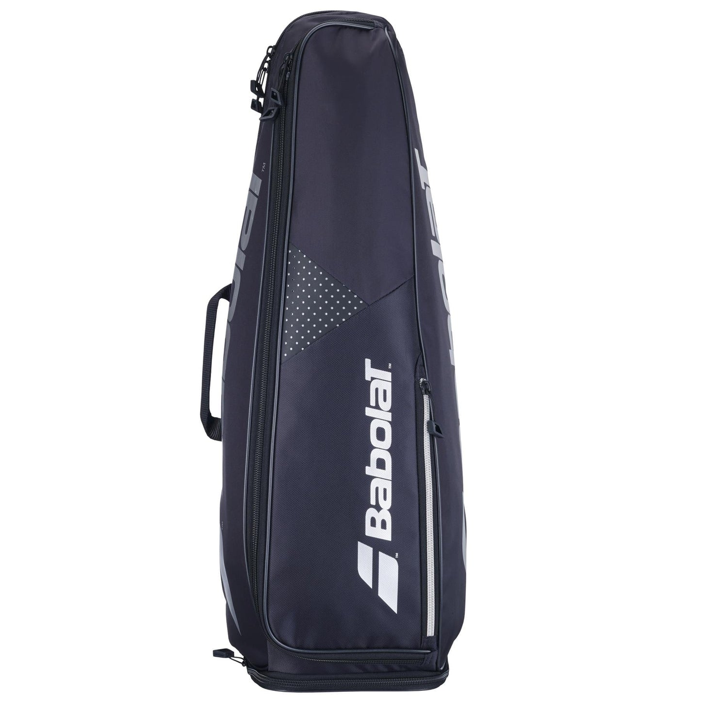 The Babolat Backrack 3 Tennis Bag in black is an elongated backpack designed with "Babolat" written in white. Made from recycled polyester, it includes a side handle and multiple compartments for storage.