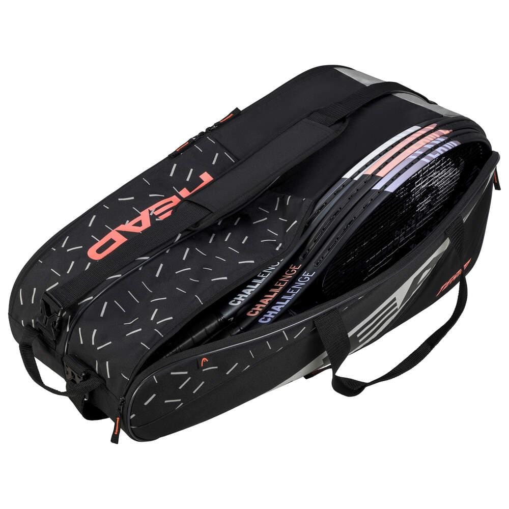 The HEAD Team 9 Tennis Racket Bag L - BKCC, displaying the HEAD logo, is open to show rackets with vibrant accents inside. Made from recycled materials, it offers a flexible 2-way carry system with both a shoulder strap and handle for easy transport.