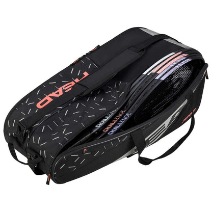 The HEAD Team 9 Tennis Racket Bag L - BKCC, displaying the HEAD logo, is open to show rackets with vibrant accents inside. Made from recycled materials, it offers a flexible 2-way carry system with both a shoulder strap and handle for easy transport.