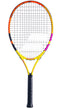 A vibrant Babolat Nadal Junior 26 Tennis Racket - G0 features a black grip and an orange, yellow, and pink frame. It has a traditional string pattern and is displayed against a plain white background.