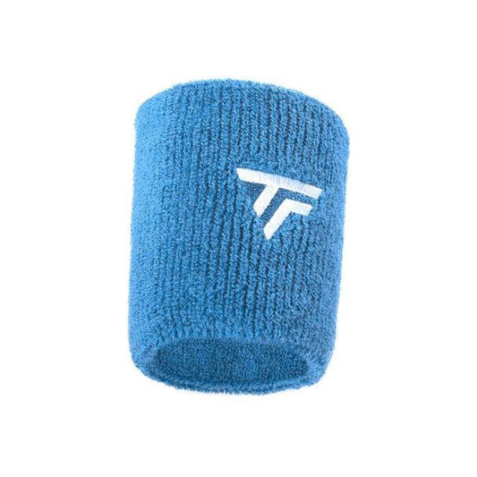 The Tecnifibre Tennis Wristband Sweatband XL - Azur showcases a white "TF" logo on its blue terry cloth design, offering exceptional absorbency and comfort for enhanced performance.