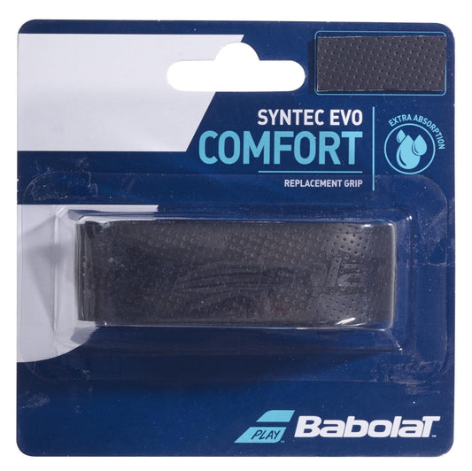 The Babolat Syntec Evo X1 Replacement Tennis Grip features a sleek black packaging that highlights its "extra absorption" capabilities with a transparent section showcasing the grip.