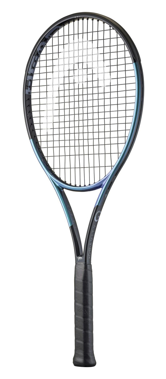 The HEAD Gravity MP L 2025 Tennis Racket in black features a tightly strung net with Auxetic 2.0 technology for a better sweetspot, complemented by a smooth grip handle and visible brand logo, showcased upright on a plain white background.