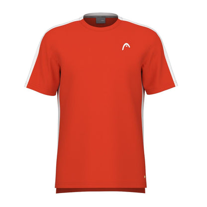 Introducing the HEAD Vision Slice Men's Tennis T-Shirt in Orange Alert: a sporty short-sleeve tee featuring contrasting white stripes on the shoulders and sleeves, a discreet white logo on the left chest, and a breathable mesh back for enhanced comfort.