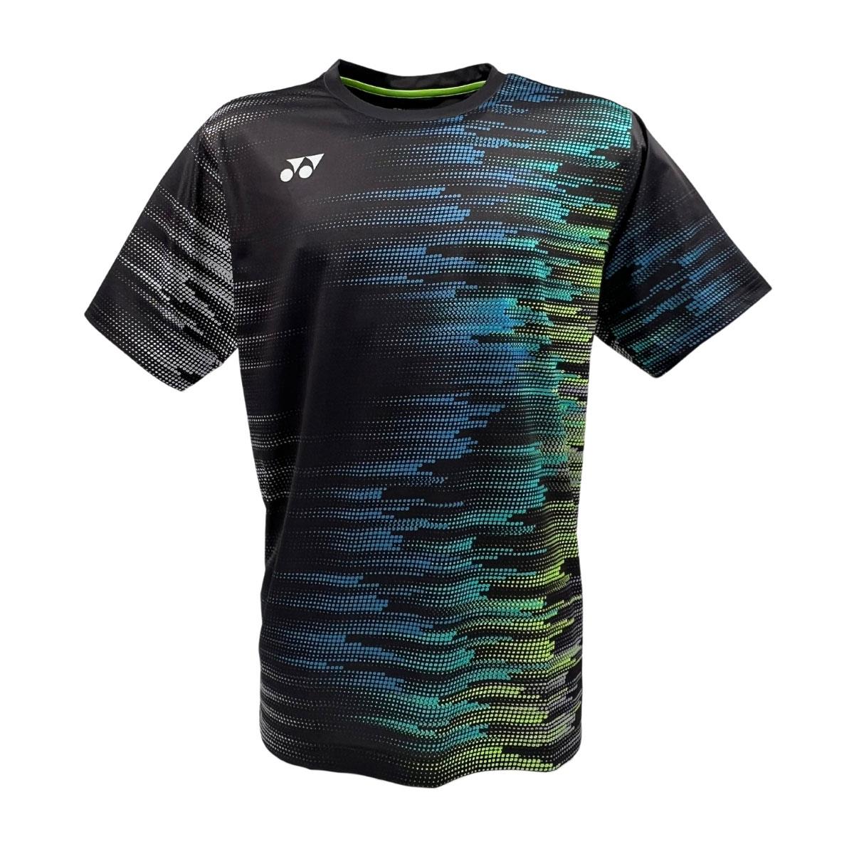 The Yonex YTM7 Men's Tennis T-Shirt - Shadow is a black, moisture-wicking shirt perfect for tennis, featuring a dynamic pattern of green and blue lines and dots. It has short sleeves, a round neck, and the Yonex logo near the right shoulder.